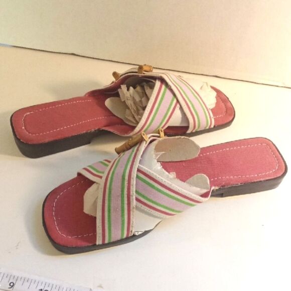 Square Toe Summer Pink Green And White Slide Sandals Sz 9 - Picture 2 of 5